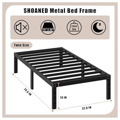 Twin Metal Bed Frame - 14 Inch Tall Heavy Duty Bedframe Black Basic Steel Slats Platform No Box Spring Needed/Easy Assembly/Noise Free