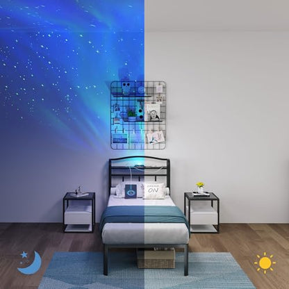 Twin Size Metal Bed Frame - 14 Inch Heavy Duty Bedframe with Headboard & Charging Station Basic Steel Slats Platform with Galaxy Aurora Projector No Box Spring Needed. Noise-Free