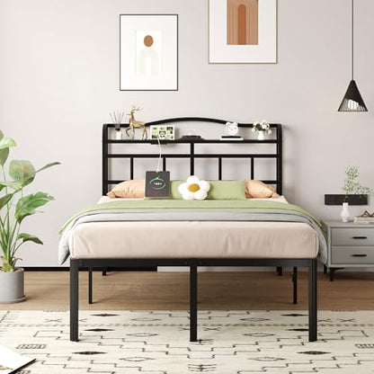 Queen Size Metal Bed Frame - 18 Inch Heavy Duty Bedframe with Headboard & Charging Station Basic Steel Slats Platform with Galaxy Aurora Projector No Box Spring Needed. No Noise