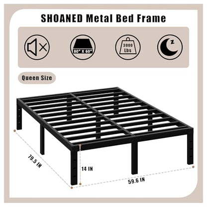 Queen Metal Bed Frame - 14 Inch Tall Heavy Duty Bedframe Black Basic Steel Slats Platform No Box Spring Needed/Easy Assembly/Noise Free