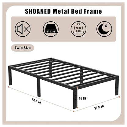 16 Inch Twin Size Metal Bed Frame with 6 Pcs Adjustable Non Slip Mattress Gaskets. Heavy Duty Bedframe with Mattress Holder in Place Gripper