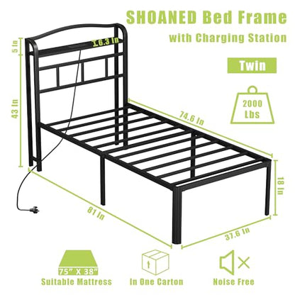 18 Inch Metal Bed Frame - Twin Size Black Heavy Duty Bedframe Platform Basic Mattress Foundation with Headboard & Charging Station No Box Spring Needed/Easy Assembly/Noise-Free