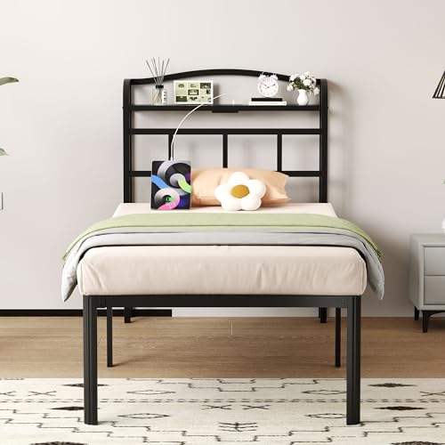 18 Inch Metal Bed Frame - Twin Size Black Heavy Duty Bedframe Platform Basic Mattress Foundation with Headboard & Charging Station No Box Spring Needed/Easy Assembly/Noise-Free