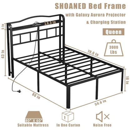 Queen Size Metal Bed Frame - 18 Inch Heavy Duty Bedframe with Headboard & Charging Station Basic Steel Slats Platform with Galaxy Aurora Projector No Box Spring Needed. No Noise