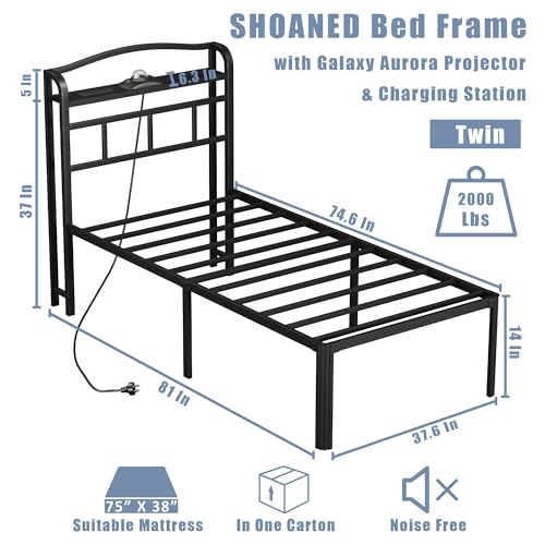 Twin Size Metal Bed Frame - 14 Inch Heavy Duty Bedframe with Headboard & Charging Station Basic Steel Slats Platform with Galaxy Aurora Projector No Box Spring Needed. Noise-Free