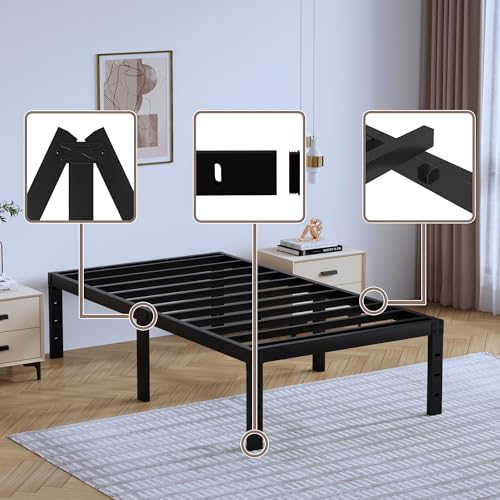 16 Inch Twin Size Metal Bed Frame with 6 Pcs Adjustable Non Slip Mattress Gaskets. Heavy Duty Bedframe with Mattress Holder in Place Gripper