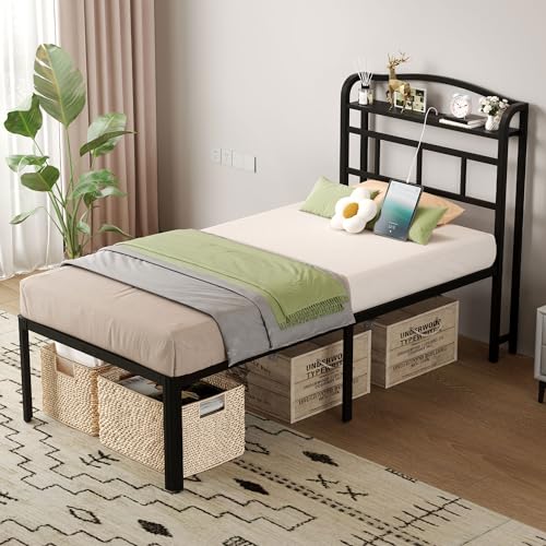 18 Inch Metal Bed Frame - Twin Size Black Heavy Duty Bedframe Platform Basic Mattress Foundation with Headboard & Charging Station No Box Spring Needed/Easy Assembly/Noise-Free