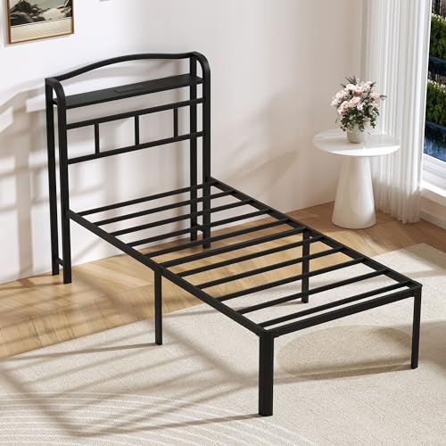 18 Inch Metal Bed Frame - Twin Size Black Heavy Duty Bedframe Platform Basic Mattress Foundation with Headboard & Charging Station No Box Spring Needed/Easy Assembly/Noise-Free