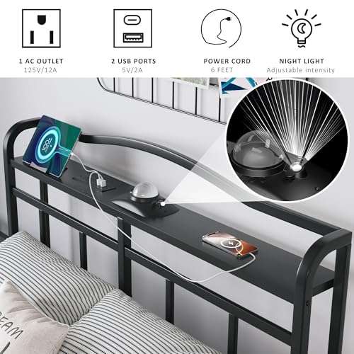 Twin Size Metal Bed Frame - 14 Inch Heavy Duty Bedframe with Headboard & Charging Station Basic Steel Slats Platform with Galaxy Aurora Projector No Box Spring Needed. Noise-Free