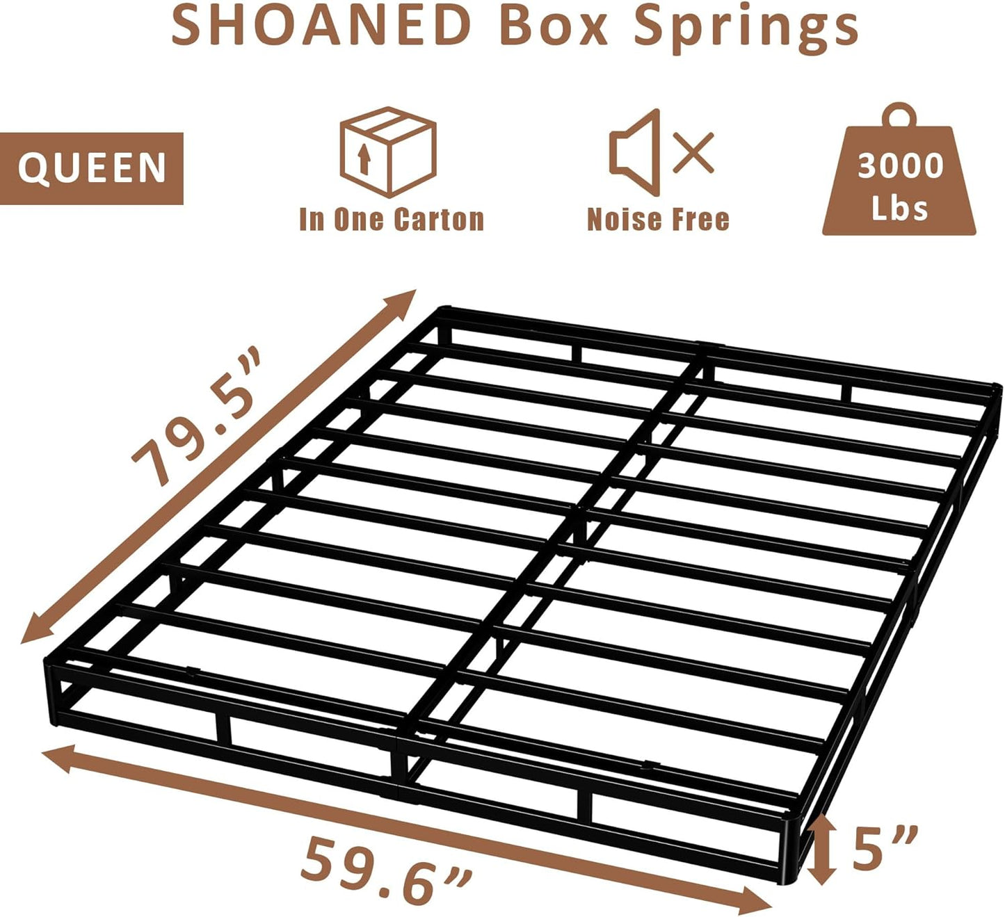 Queen Size Box Springs - 5 Inch Low Profile Mattress Foundation No Noise Heavy Duty Metal Basics Bed Base with Clean Fabric Cover. Easy Assembly